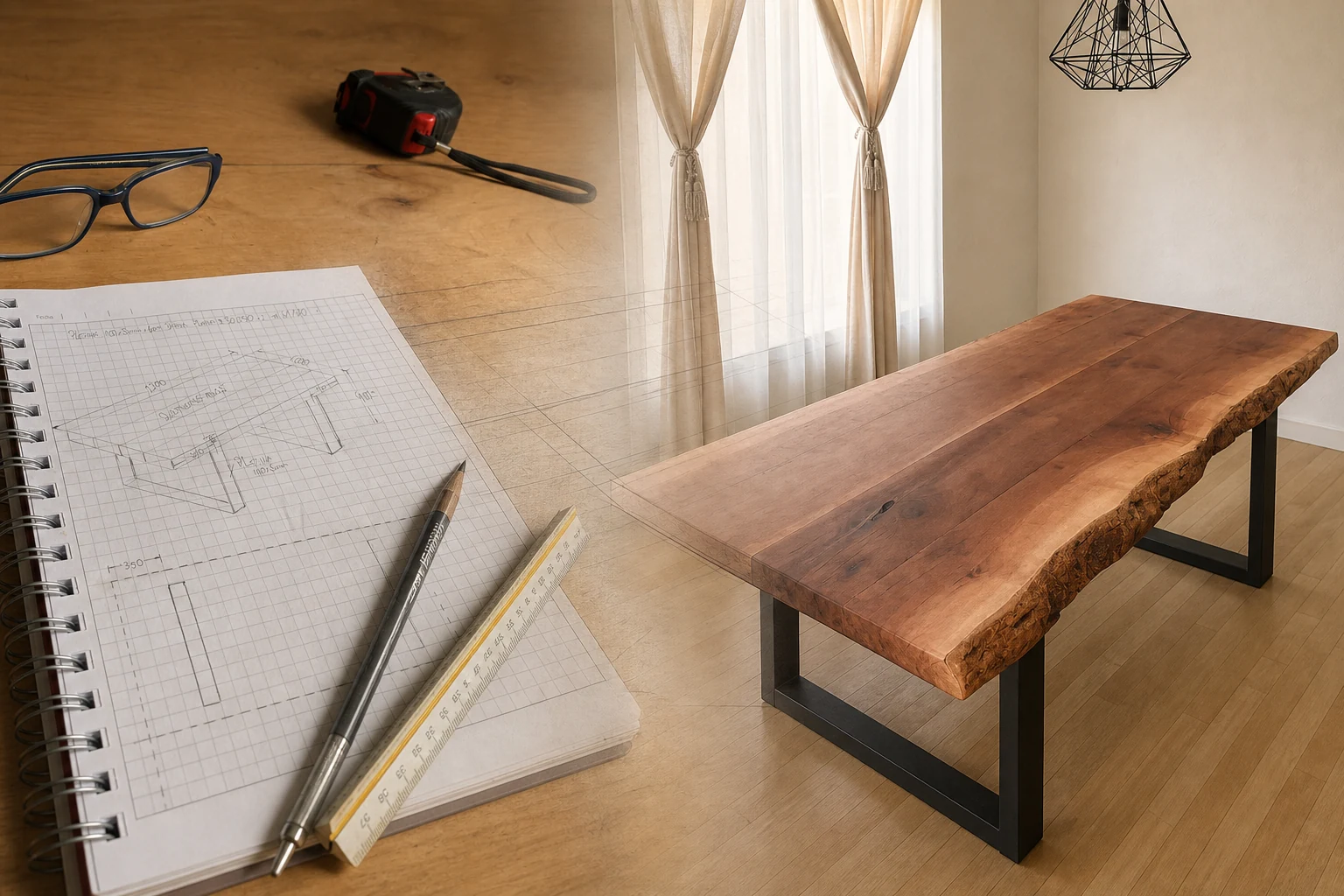 Composicion del croquis tecnico de una mesa de roble junto a la pieza terminada