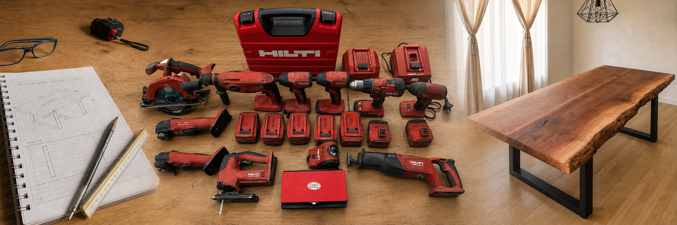 Proceso completo de diseño y construcción de una mesa de roble, desde el croquis y las herramientas Hilti hasta la pieza terminada